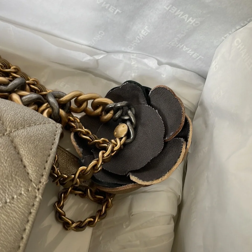 Chanel mini square quilted camellia two toned flap bag 17a bronze silver gold